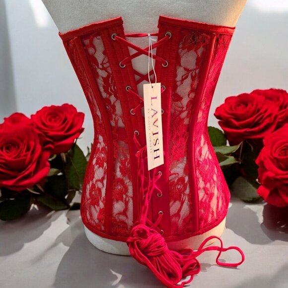 Dolls Kill x Lavish Red Lace Corset – Boned Strapless Top w/ Lace-Up Back | M - Picture 2 of 10